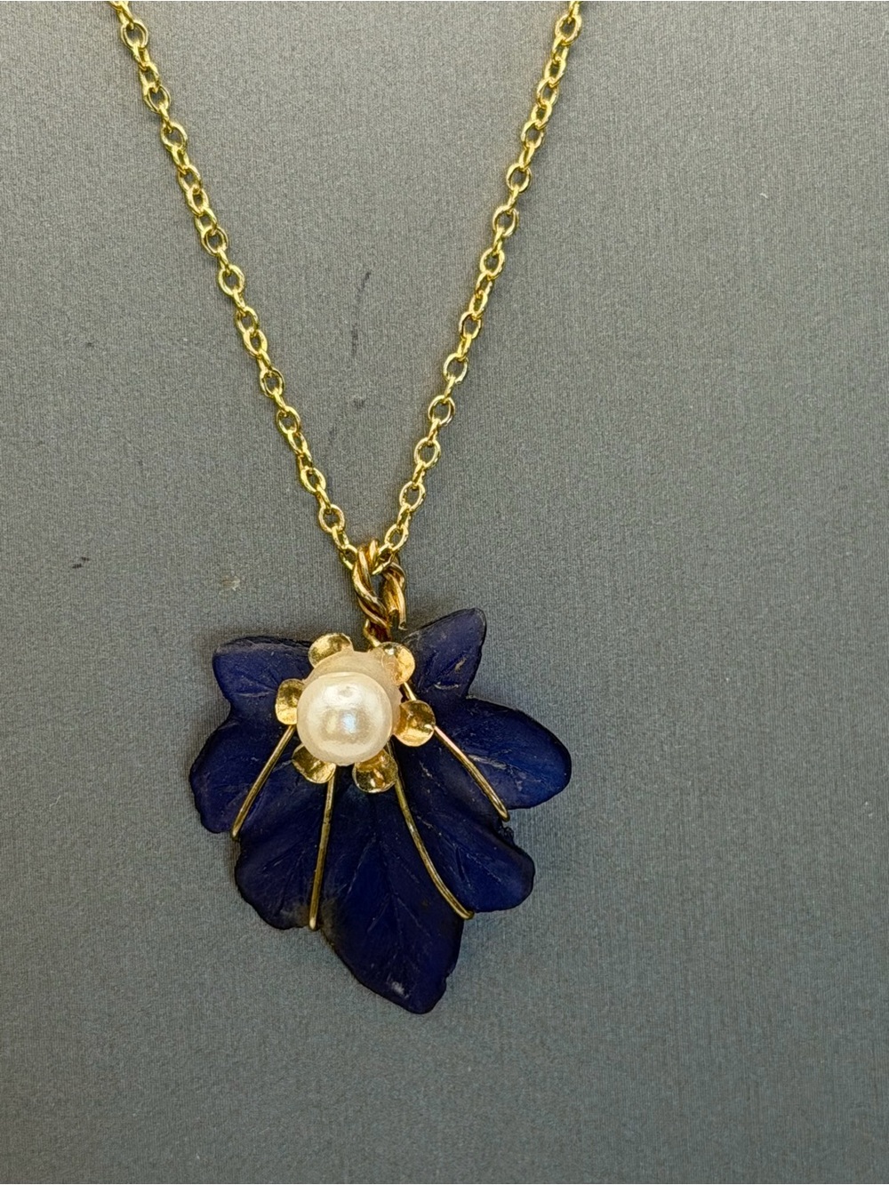 Gold Detailed Cobalt Blue Leaf Pendant Necklace with Pearl Accent